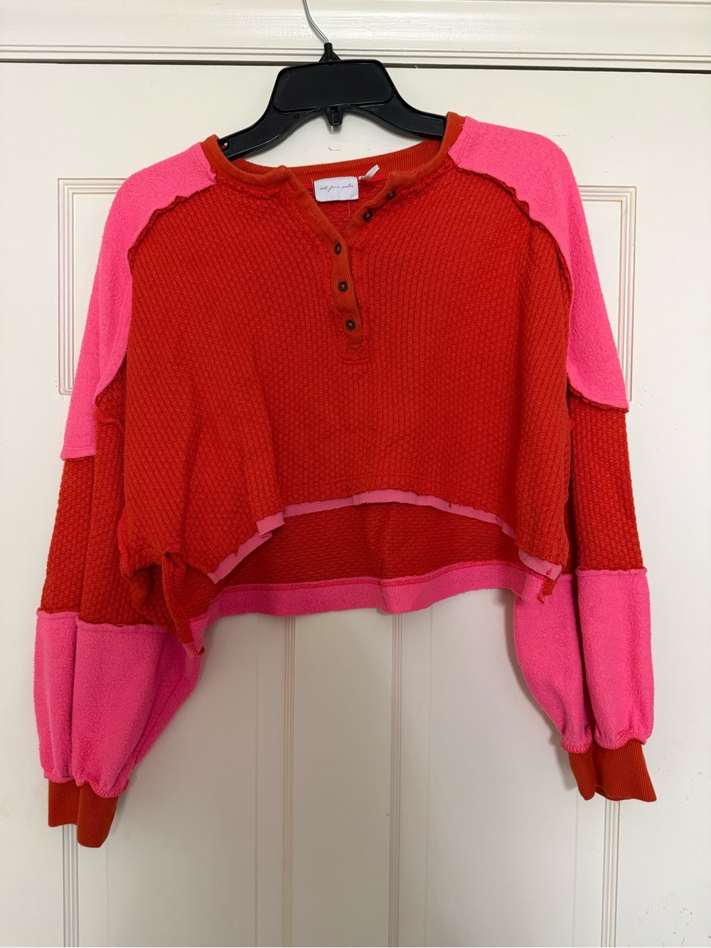 Urban Outfitters Red and Pink Cropped Waffle Henley Sweatshirt